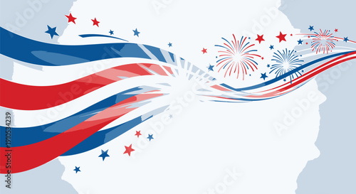 Patriotic USA flag ribbon with fireworks and stars, for Independence Day or Memorial Day banner or poster, vector illustration Isolated on transparent background, png