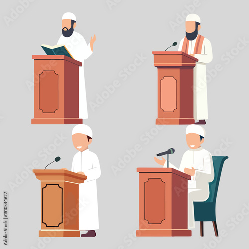 Four illustrations of men in white robes and turbans giving speeches or presentations from wooden podiums in various settings