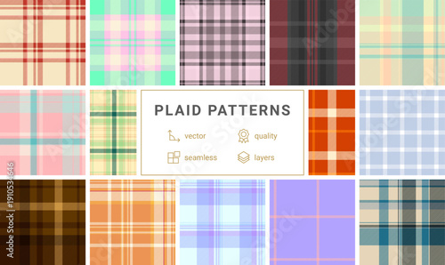 Classic retro plaid patterns designed as seamless vectors. Suitable for fabric surfaces, notebooks, scrapbooking, branding, and background visuals.