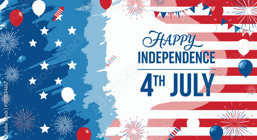 4th of July Independence Day banner with fireworks and American flag, vector illustration for website or social media
