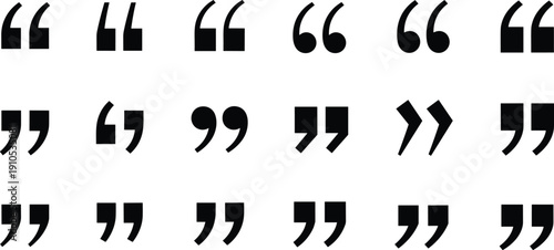 Black quotation mark and apostrophe icon collection in multiple modern styles, solid vector punctuation symbols isolated on light background for typography projects