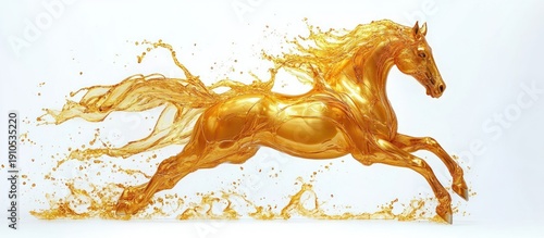 majestic glossy golden liquid horse galloping in dynamic motion with energetic fluid splashes on a clean white background