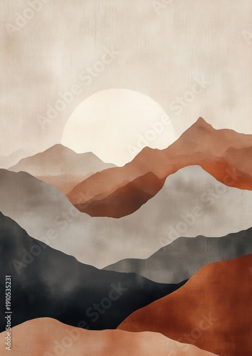 layered misty mountains with a large pale sun in warm earth tones on textured canvas, tranquil minimalist sunrise landscape