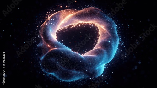 glowing blue and orange particle ring forming a swirling torus with a heart-shaped central void over a dark starry background, evoking wonder and serenity