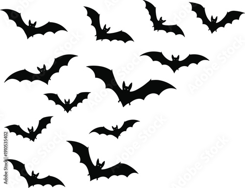 Dynamic silhouette illustration of multiple bats flying in scattered directions, minimal black design for Halloween, gothic, and nocturnal themed artwork