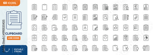 Clipboard icon set. Contain icons related to Clipboard, checklist, survey, report, petition, planning, and more. Editable stroke. Vector illustration