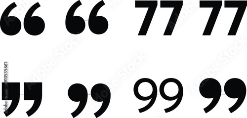 Black quotation marks and apostrophe icon set in different styles, solid vector punctuation symbols isolated on light background for typography and graphic design