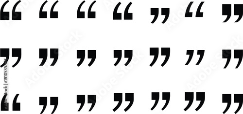 Black quotation marks and apostrophe symbol set in various bold styles, solid vector punctuation icons isolated on light background for modern typography design