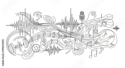 Abstract Music and Sound Wave Line Art Illustration with Musical Notes, Audio Icons, and Creative Swirls