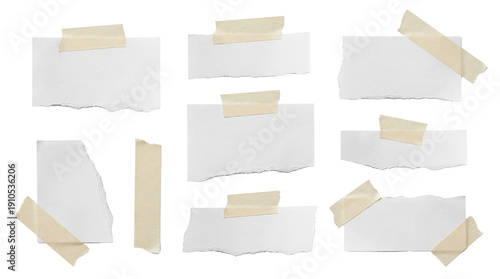 Quadro su tela group of small torn paper notes with light beige tape, arranged against a transparent background, ideal for digital scrapbooking and design accents