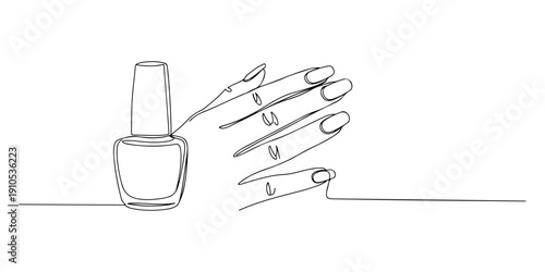 Continuous one line of a nail polish bottle and painted nails, representing manicure and style, drawn illustration.