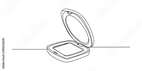 Continuous one line of a compact mirror opening with reflection, representing beauty on the go, drawn illustration.