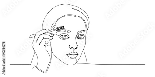 Continuous one line of a person brushing their eyebrows, representing grooming and self-care, drawn illustration.