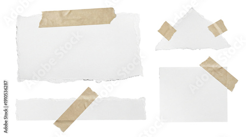 Wallpaper Mural assorted ripped paper pieces with adhesive tape, presented against a dark, solid background for versatile design applications and digital collages. Torontodigital.ca