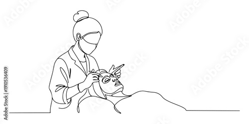 Continuous one line of a beauty therapist applying a face mask to a client, symbolizing spa treatments, drawn illustration.