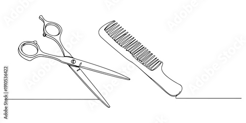 Continuous one line of a hair scissors and comb, representing hair care and styling, drawn illustration.
