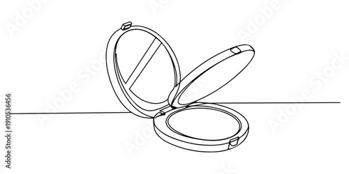 Continuous one line of a compact mirror opening with reflection, representing beauty on the go, drawn illustration.
