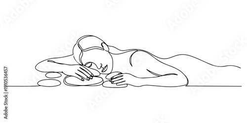 Continuous one line of a person enjoying a hot stone massage, symbolizing wellness and self-care, drawn illustration.