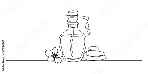 Continuous one line of a massage oil bottle with drops, representing spa essentials, drawn illustration.