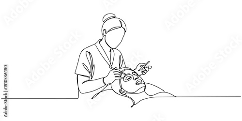 Continuous one line of a beauty therapist applying a face mask to a client, symbolizing spa treatments, drawn illustration.