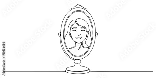Continuous one line of a beauty mirror with a smiling reflection, representing confidence and self-image, drawn illustration.