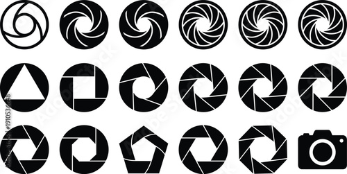 Camera aperture shutter icon collection with circular lens diaphragm variations and photography symbols, black solid vector set isolated on light background