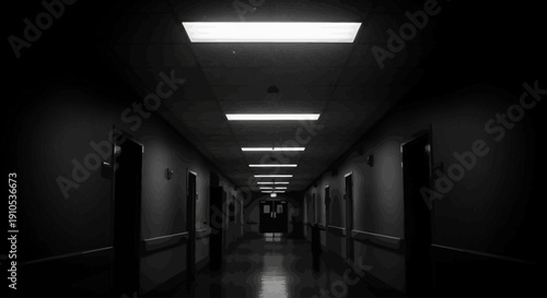 Eerie long dark empty hallway with fluorescent lights. Spooky, mysterious, and desolate institutional corridor in black and white.