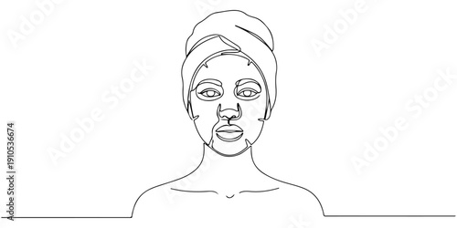 Continuous one line of a woman wearing a facial sheet mask, representing modern skincare rituals, drawn illustration.