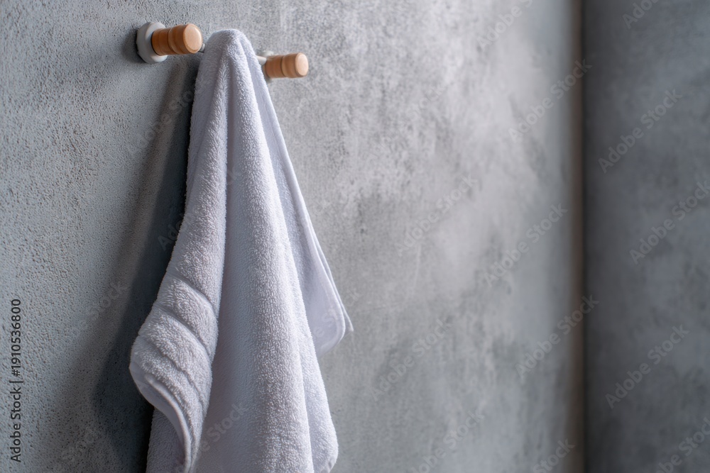 Fototapeta premium Close up of soft white towel hanging on metal holder against gray textured bathroom wall, showcasing clean modern home interior.