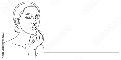 Continuous one line of a woman applying lipstick, symbolizing elegance and self-expression, drawn illustration.