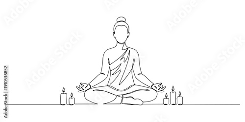 Continuous one line of a person meditating with candles around, representing inner beauty and balance, drawn illustration.