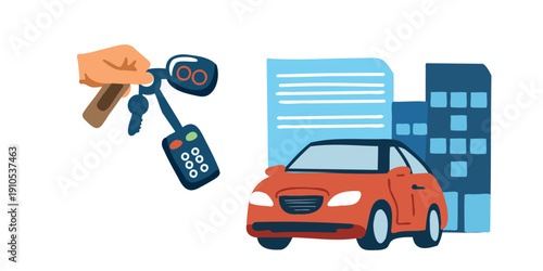 car parked near high rise with hand holding keys