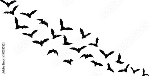 Diagonal formation of flying bat silhouettes with varied wing positions, minimal black design for Halloween, gothic, nocturnal, and spooky themed artwork