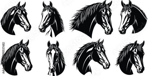 Black and white horse head vector illustrations, stylized equestrian art, unique mane designs, logo inspiration, tattoo graphics, creative animal portraits