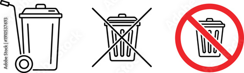 Trash bin and no garbage prohibition sign icon set, waste disposal and environmental protection symbols in outline vector style isolated on light background