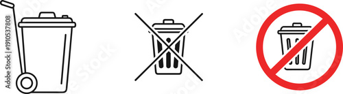 Trash bin and no littering sign icon set, waste disposal and prohibition symbols in outline vector style isolated on light background