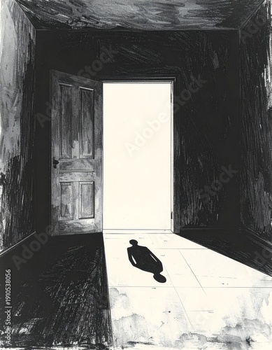 minimalist black and white illustration for literary book cover empty room with a single door slightly open, small shadow shaped like a person