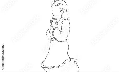 Continuous single line drawing girl praying.Praying female teenager.Church.Faith.Religion. Linear.One continuous line isolated minimalist illustration. Not AI.