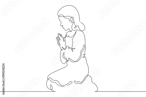 Continuous single line drawing girl praying.Praying female teenager.Church.Faith.Religion. Linear.One continuous line isolated minimalist illustration. Not AI.