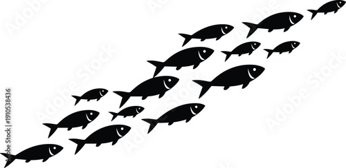 Diagonal group of fish silhouettes arranged in progressive sizes, symbolizing growth, movement, and collective direction for vector illustration design