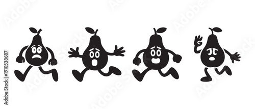 Animated Cartoon Pear Characters Running in Panic with Worried and Scared Expressions on White Background.