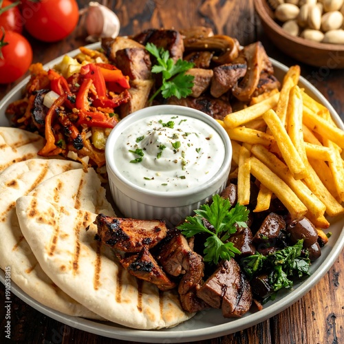 Wallpaper Mural Platter with pita, meat, fries, roasted vegetables, and creamy dip on a wooden surface Torontodigital.ca