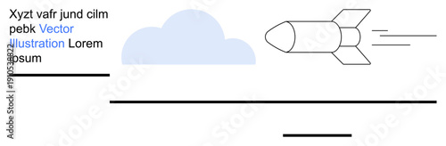 Aerospace, exploration, technology, motion, innovation, simplicity. Minimalist rocket flying past a cloud in clean line art. Aerospace and exploration in modern design