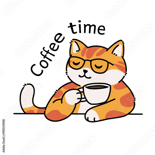 Cute orange cat enjoying coffee with “coffee time” text.