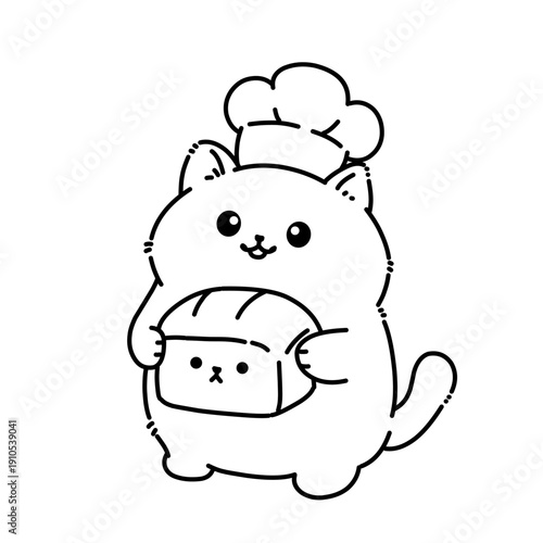 Cat Chef Holding Bread Line Art