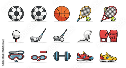 Vector cartoon icon set of various sports equipment and accessories for recreation, fitness, and game activities