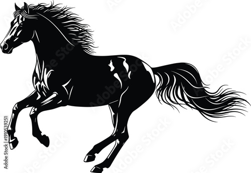 Black galloping horse vector illustration, dynamic equine motion art, creative animal design graphics, tattoo inspiration, logo elements, nature themes