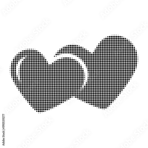 Black halftone infinity symbol shaped like a heart. Dotted monochrome illustration isolated on white background, concept of eternal love, romance, passion and endless connection.
