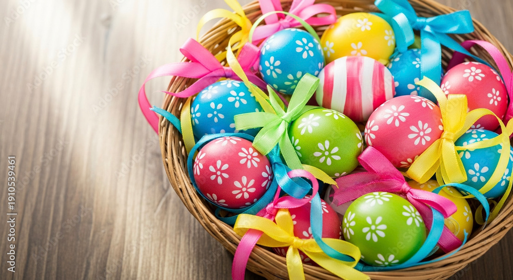 Fototapeta premium Colorful Easter eggs in a basket with decorative ribbons 