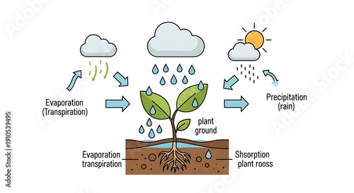Water cycle process with plant growth and evaporation stages